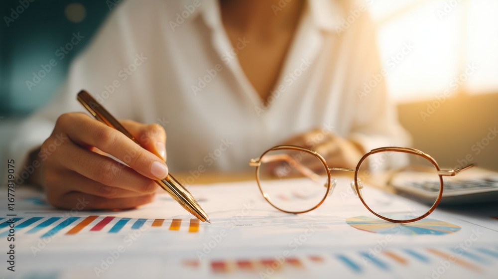 Aufkleber analyzing data with charts and graphs, person is focused on financial reports while holding pen. gla