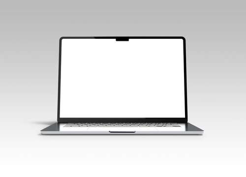 Front view of realistic Apple MacBook Air Space Gray 15". Isolated aluminium laptop with transparent screen for place your design, ready for mockup. High resolution 8K. White background.