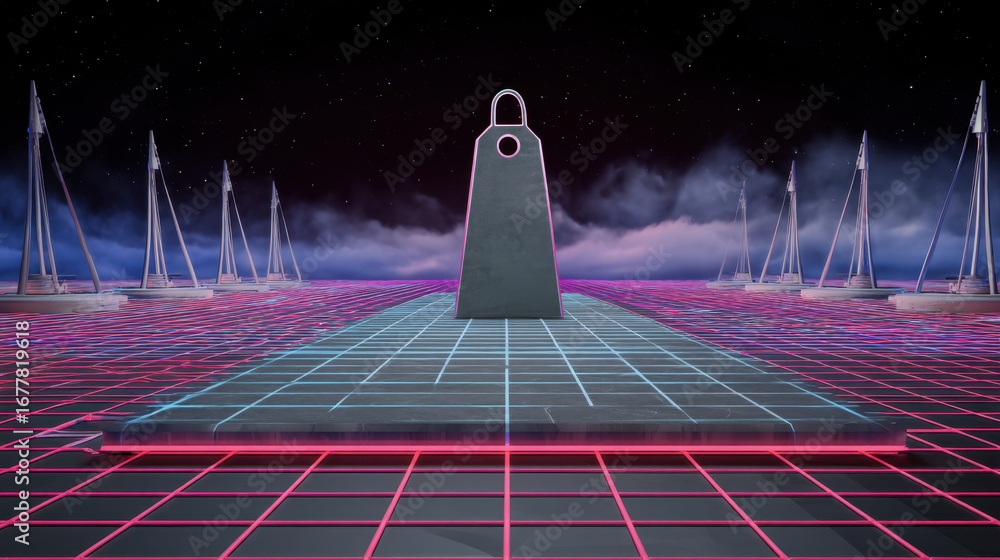 Aufkleber futuristic scene featuring large geometric shape at center, surrounded by grid pattern and stylized 