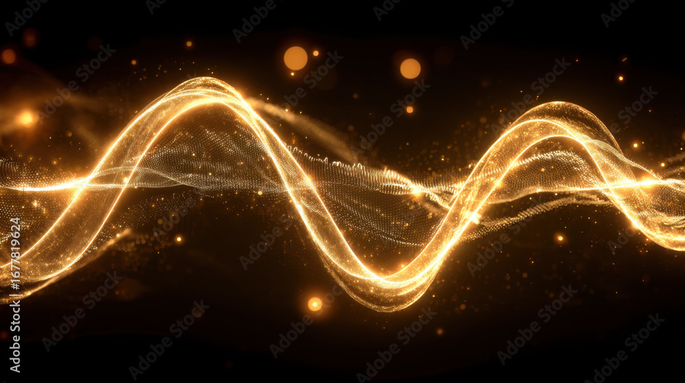 Poster glowing wave patterns create mesmerizing visual effect, showcasing vibrant golden hues against dark 