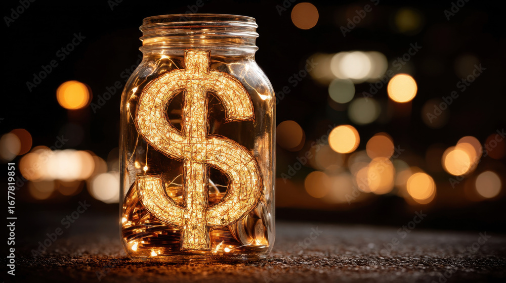 Poster glass jar filled with coins and illuminated by warm, glowing lights shaped like dollar sign, creatin
