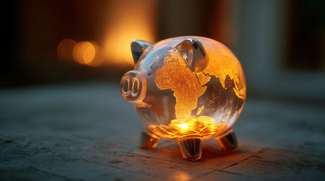 Glass piggy bank illuminated from within, featuring world map design. warm glow creates cozy atmosphere, symbolizing savings and global finance