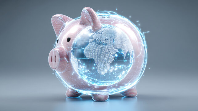 Digital piggy bank with glowing globe, symbolizing global finance and savings. piggy bank is pink and features transparent globe showcasing digital map of world, representing financial growth