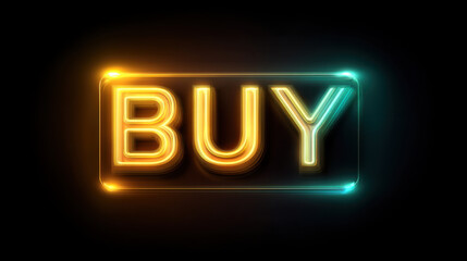 Bright neon sign displaying word BUY in glowing orange and blue colors, set against dark background, creating modern and eye catching visual appeal