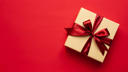 Gift box with ribbon on red background