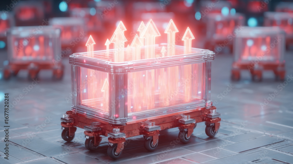 Poster Futuristic container with glowing arrows is displayed on metallic surface, symbolizing growth and progress. vibrant red and blue lights create dynamic atmosphere, enhancing visual appeal