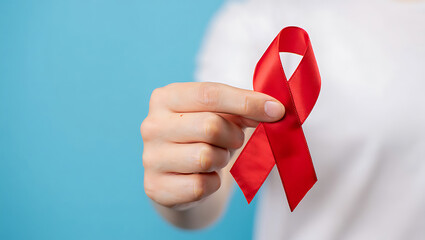 Hand holding red ribbon for Aids awareness