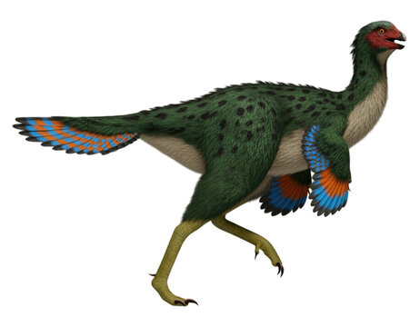 Realistic PNG of a Citipati osmolskae, feathered theropod dinosaur with vibrant plumage, transparent background