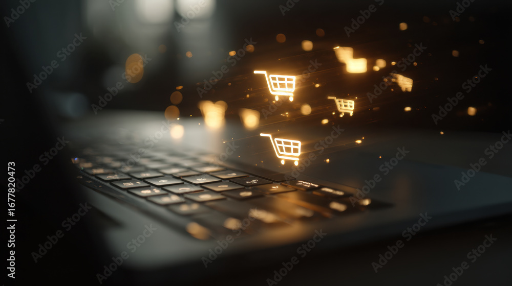 Poster digital shopping cart icons appear above laptop keyboard, symbolizing online shopping and e commerce