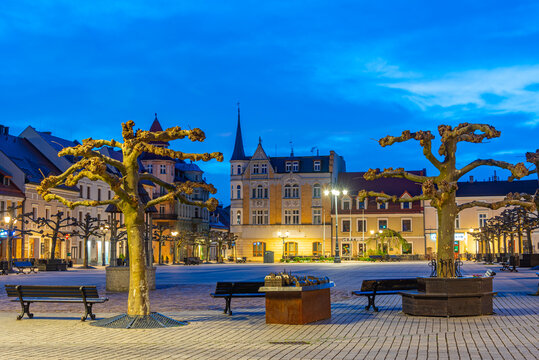 Sunrise view of the main square in Polish town Pszczyna, Poland