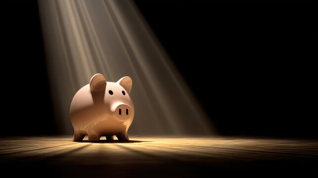 Piggy bank stands alone in spotlight, symbolizing savings and financial security. warm wooden floor enhances focus on this classic money saving tool, evoking feelings of hope and prosperity