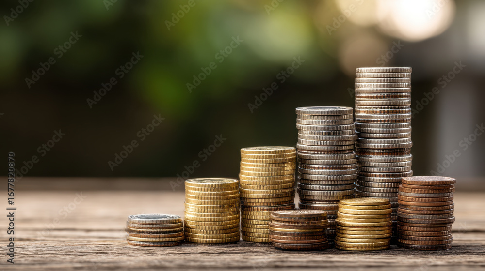 Poster stacks of coins in various colors and sizes arranged on wooden surface, symbolizing wealth and finan