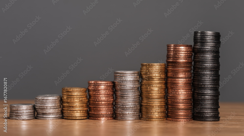 Poster stacks of coins arranged in ascending order, showcasing variety of colors and sizes. image symbolize