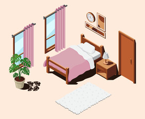 Isometric bedroom. Bedroom interior. Bed, lamp, plant, and other bedroom equipment. Isometric home furniture. Isometric home room