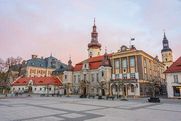 Sunrise view of the main square in Polish town Pszczyna, Poland
