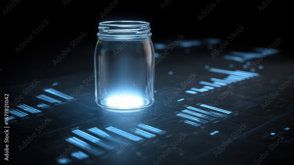 Poster glass jar illuminated from within, placed digital surface displaying data visualizations and graphs.