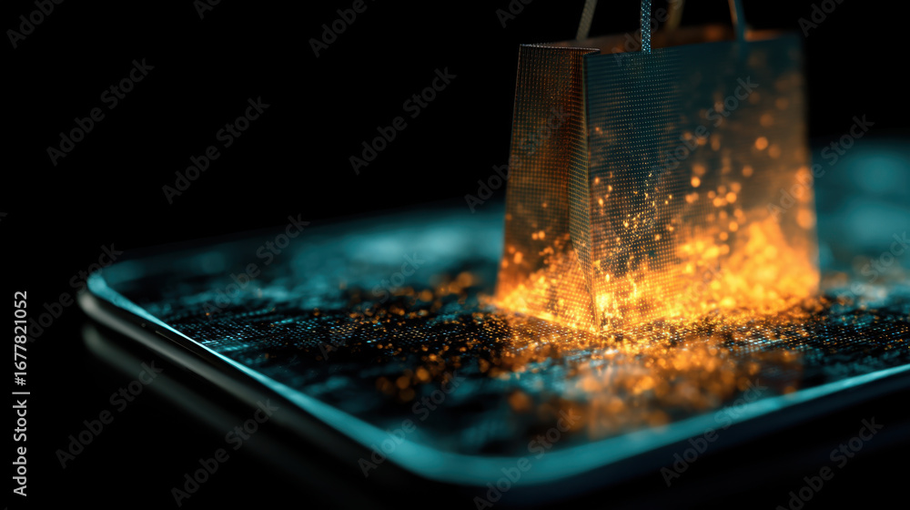 Poster digital shopping bag glowing with sparks on smartphone screen, symbolizing online shopping and techn