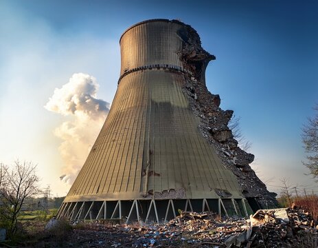 a cooling tower from a nuclear plant partially demolished