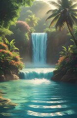 Waterfall cascading into a crystal-clear lagoon