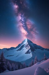 Snow-covered mountain peak under a bright Milky Way sky