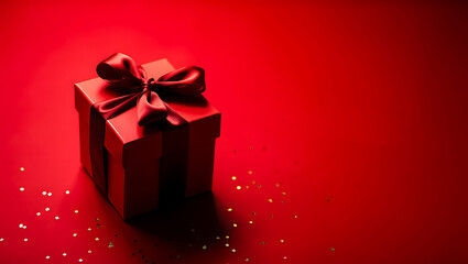 Obraz premium Red gift box with ribbon and confetti