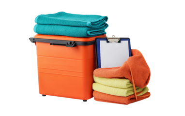 Soccer sideline cooler with towels, bibs, and clipboard highlighting team preparation and organization isolated on transparent background PNG