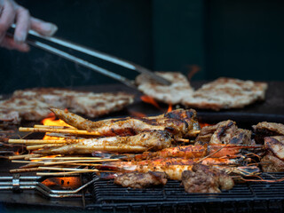 Grilling Delicious BBQ Skewers and Meats Outdoors