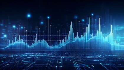 abstract background with digital data and stock market charts on blue glowing lights ai technology concept