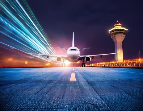 airplane taking off from a brightly lit airport runway at night air traffic control tower illuminated in the background blurred motion of the plane