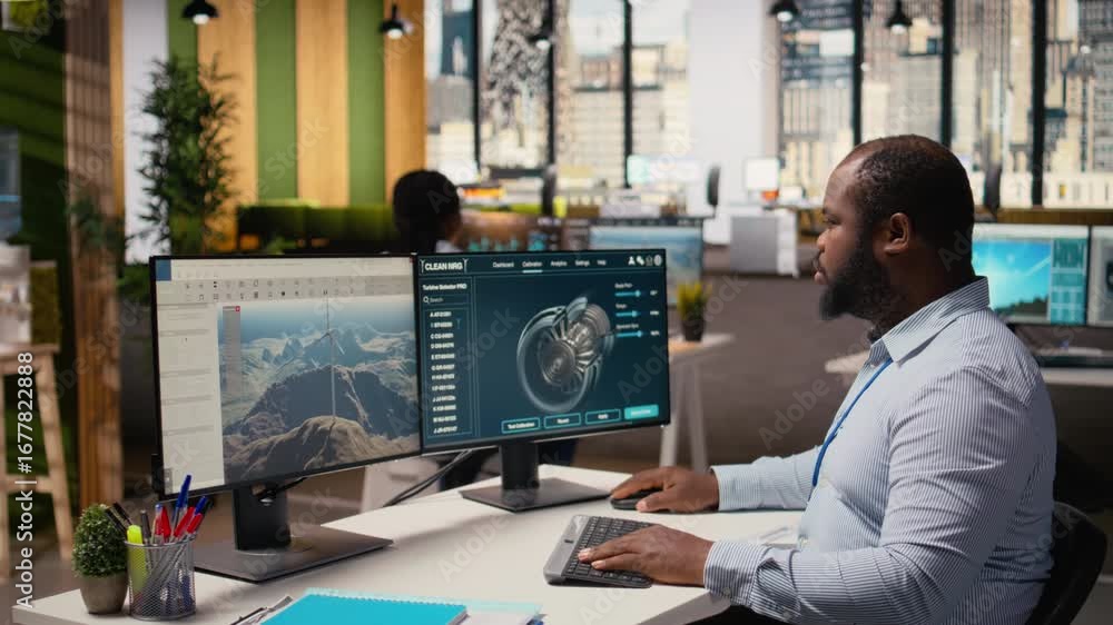 Poster technician working on wind turbine simulation in office, doing upgrades. african american man in rd 