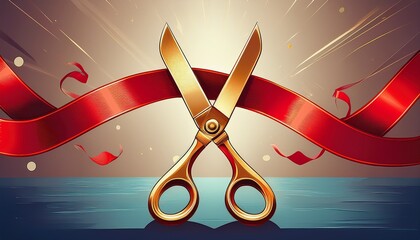 golden scissors cutting a red ribbon flat design celebration event ceremony art