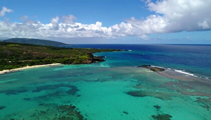 Obraz premium A tranquil, vibrant coastal scene showcases a turquoise bay, fringed by lush green hills, stretching to a vast, clear ocean.