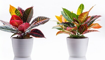 Fototapeta premium colorful croton plants in white pots isolated on white background