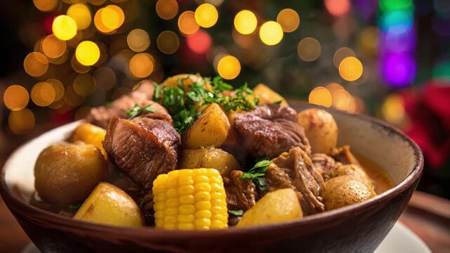 Picana Navide&ntilde;a steaming. Bolivian Christmas meat stew with beef, lamb, and chicken, served in a deep ceramic bowl with potatoes and corn, with a softly glowing Christmas tree blurred behind.
