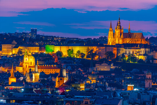 Sunset view of Prague from Rieger orchards in Prague, Czech repu