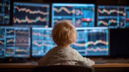 Curious Child Gazing at Stock Market Charts on Multiple Screens - Powered by Adobe