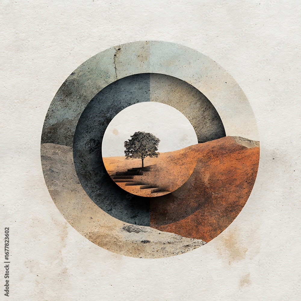 Poster abstract landscape with a tree centered in concentric circles, showcasing a blend of natural and geo