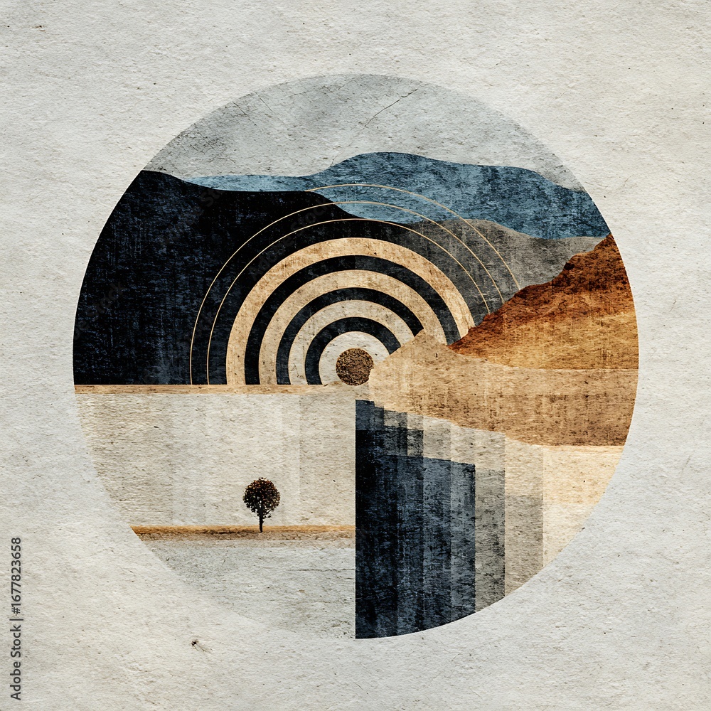 Poster abstract landscape with geometric elements and a solitary tree, featuring a harmonious blend of natu