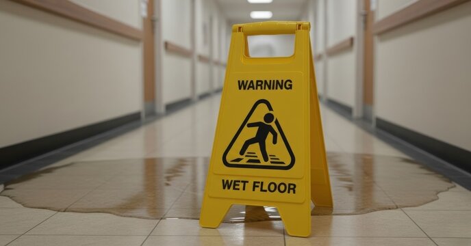 Yellow caution sign closeup - Wet floor warning sign placed in a hallway of a modern business center with offices, standing next to a puddle on the floor, perfect for news about workplace safety - Powered by Adobe