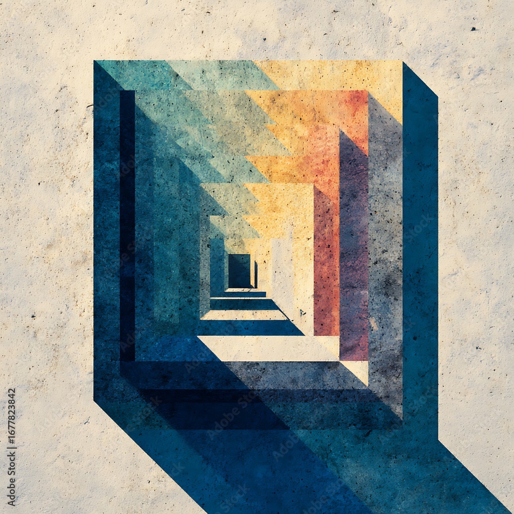 Poster a mesmerizing perspective view of a geometric tunnel with receding square frames, exhibiting a vibra