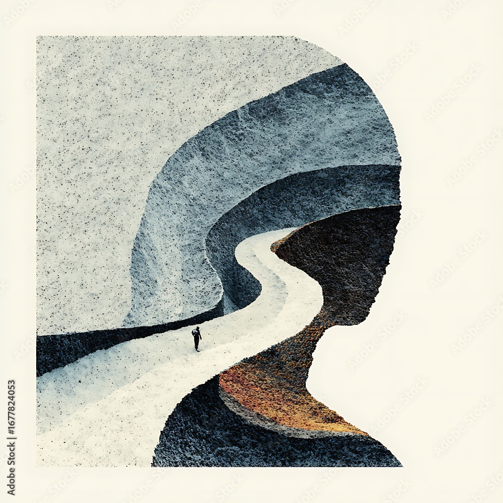 Poster a solitary figure walks along a winding path within a silhouette, symbolizing a journey of selfdisco