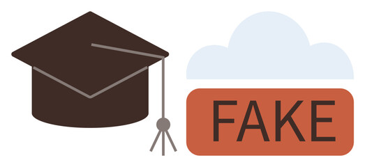 Graduation cap, cloud graphic, and bold FAKE text emphasize themes of academic fraud. Ideal for education, integrity, warning, accreditation, online scams ethics academic dishonesty. Simple flat