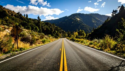Fototapeta premium A scenic highway winding through a mountain valley under a partly cloudy sky. A paved road stretches into the distance, flanked by lush greenery and forested mountains