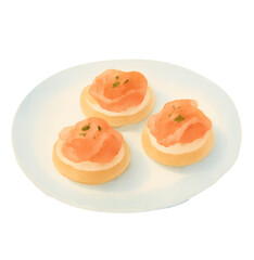 salmon canapés on plate watercolor illustration PNG transparent background isolated