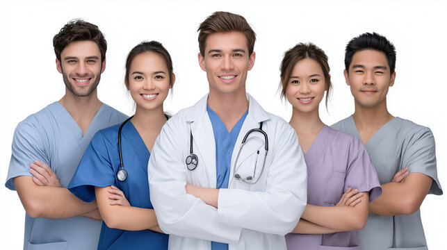 Medical team poses confidently, showcasing diverse healthcare professionals in scrubs and lab coats, ready to provide care and support - Powered by Adobe