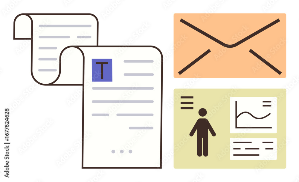 Poster paper with text and icons, email envelope, and analytics chart. ideal for communication, project org