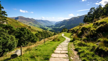 Obraz premium A scenic pathway through a lush valley under a vibrant sky