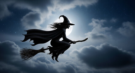 Silhouette of a witch flying on a broomstick against a full moon