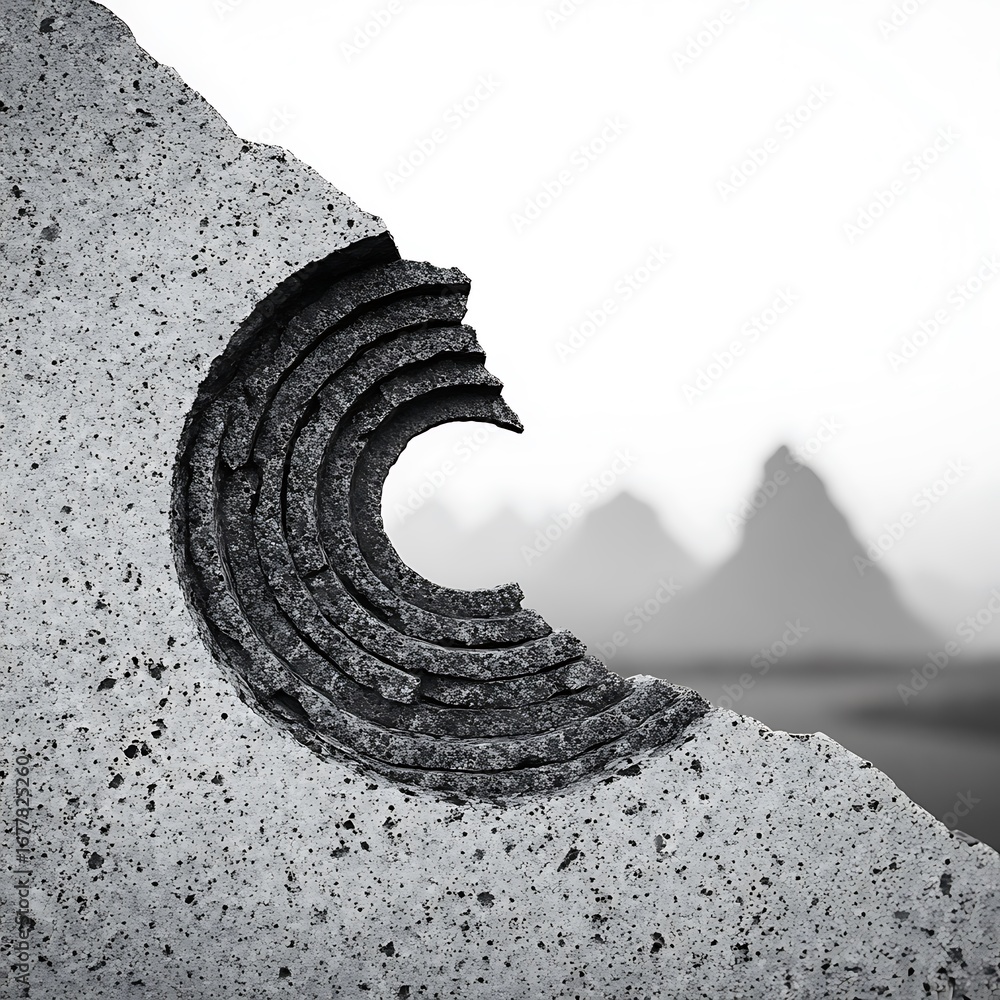 Fototapete a monochrome image captures a stone structure with a circular opening, framing a distant mountain ra
