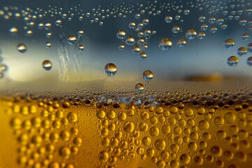 Close-up macro shot of carbonated drink with golden bubbles rising to the surface, abstract texture...